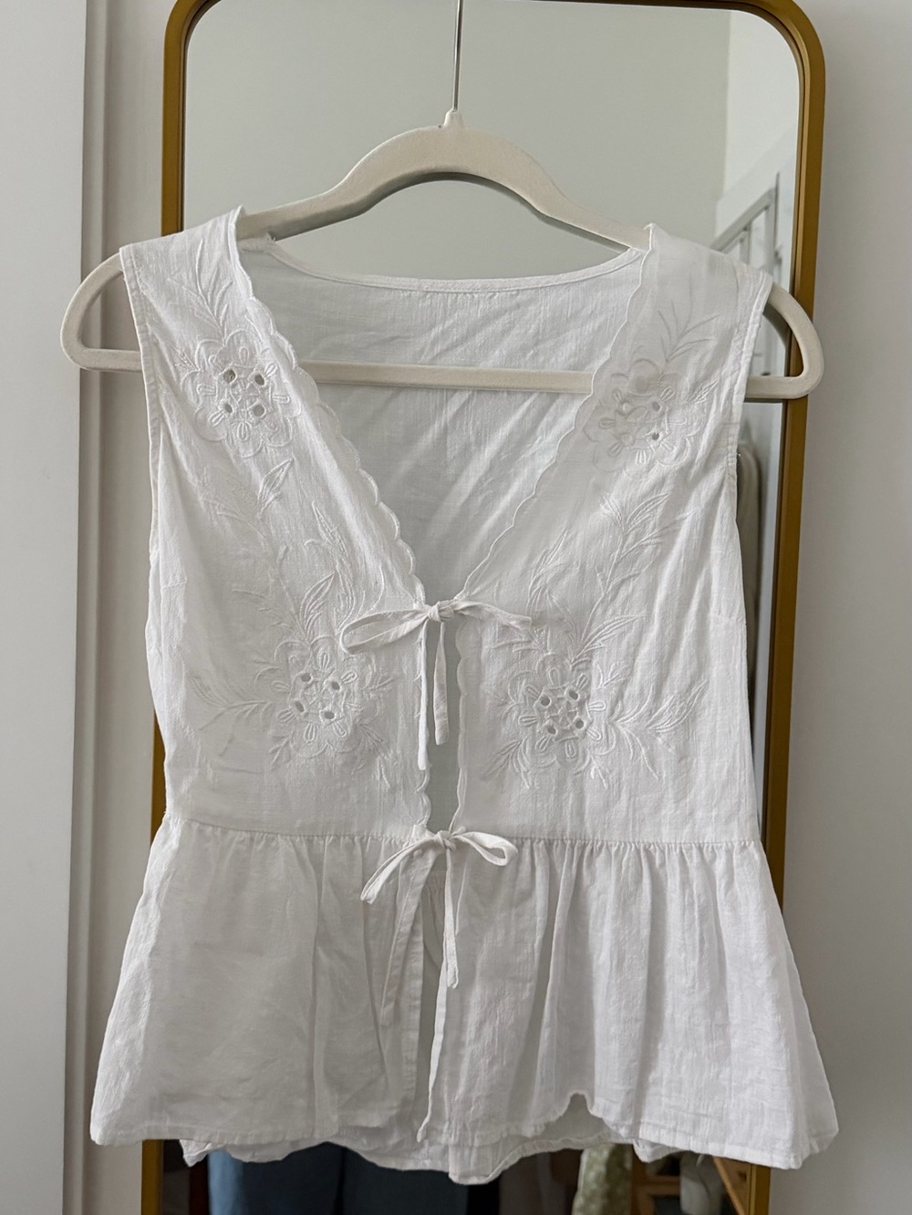 White Embroidered Tie-Front Peplum Top